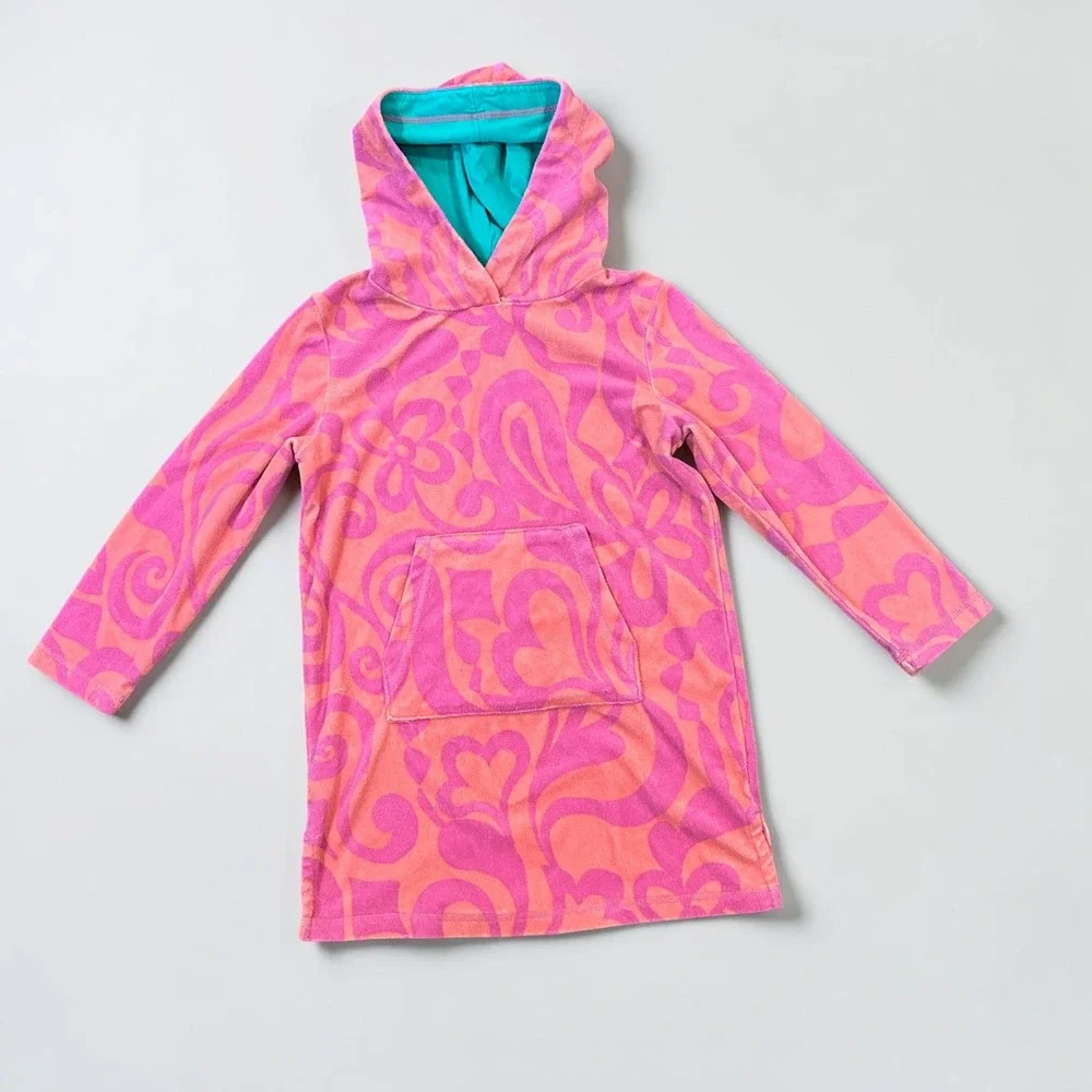 Mini Boden Girls Pink Orange Floral Terry Cloth Hooded Beach Cover Up Dress 7-8Y